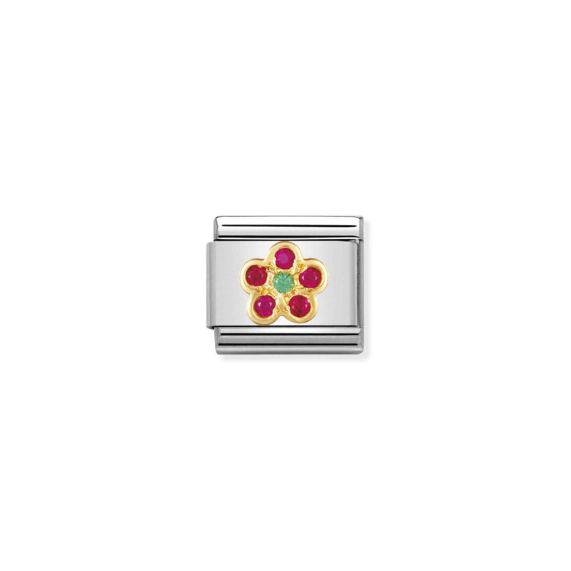 Nomination Red and Green CZ Flower 18ct Gold and Stainless Steel Composable Charm