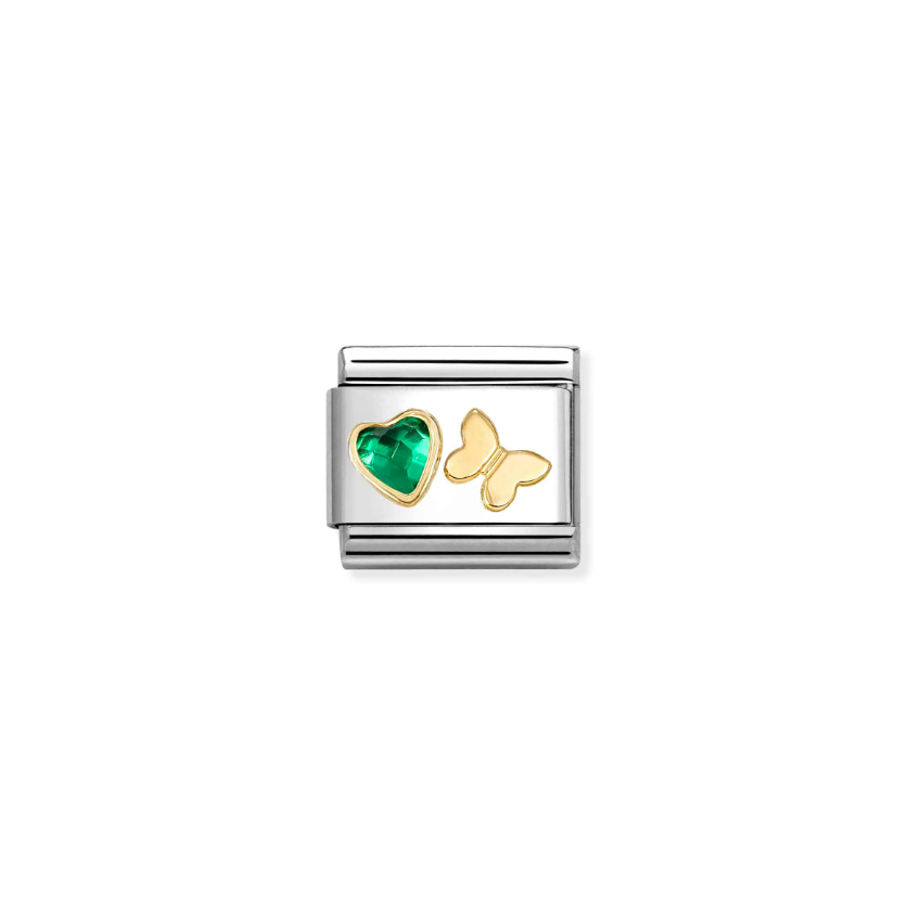 Nomination Composable Classic 18ct Gold and Stainless Steel Green CZ Heart with Butterfly