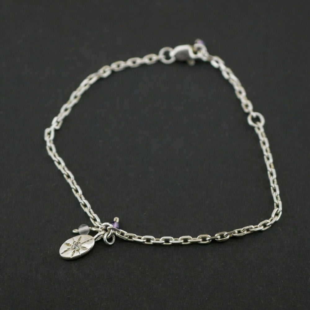 (NE6) Silver 925 6 inch Purple Bead Bracelet (2.0mm) 2.0 grams