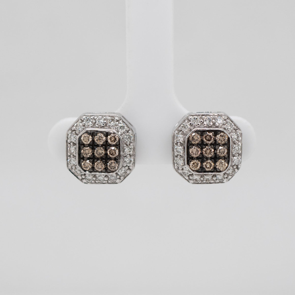 14ct White Gold Champagne 1ct Diamond Octagon Halo Stud Earrings
