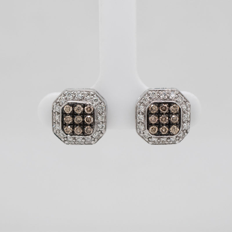 14ct White Gold Champagne 1ct Diamond Octagon Halo Stud Earrings