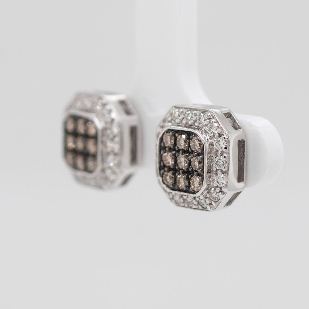 14ct White Gold Champagne 1ct Diamond Octagon Halo Stud Earrings