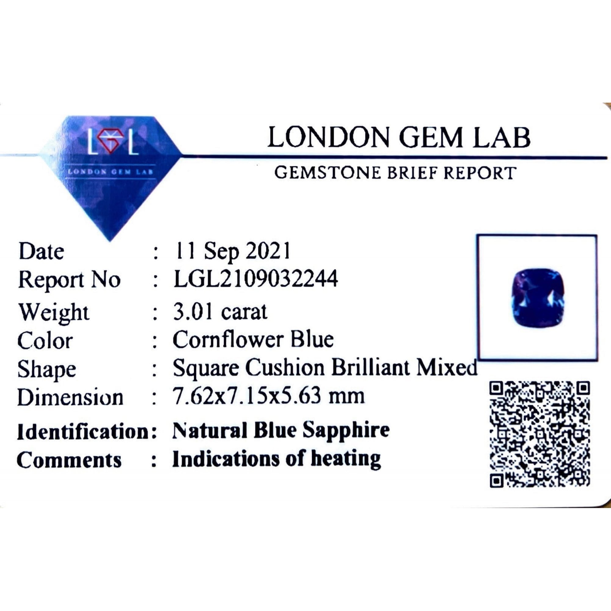 3.01ct Certified Cornflower Blue Sapphire & 0.24ct Diamond 18ct White Gold Ring