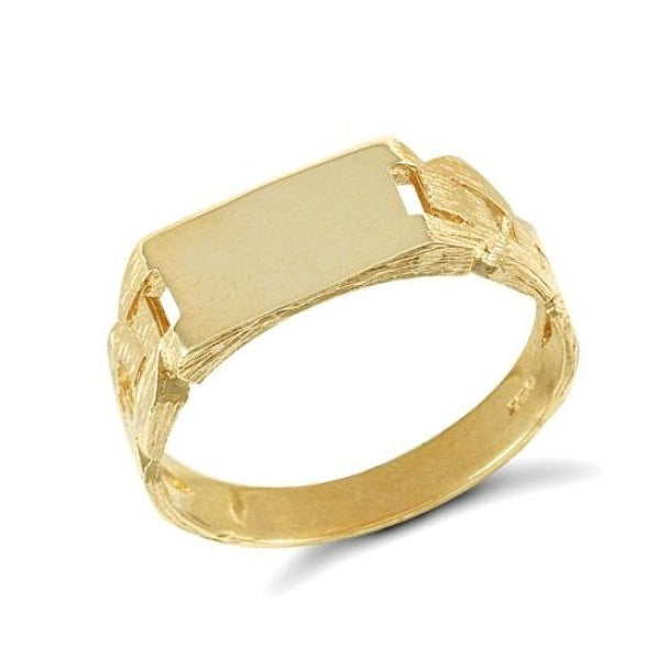 9ct Yellow Gold Rectangular Signet Ring With Barked Shoulders