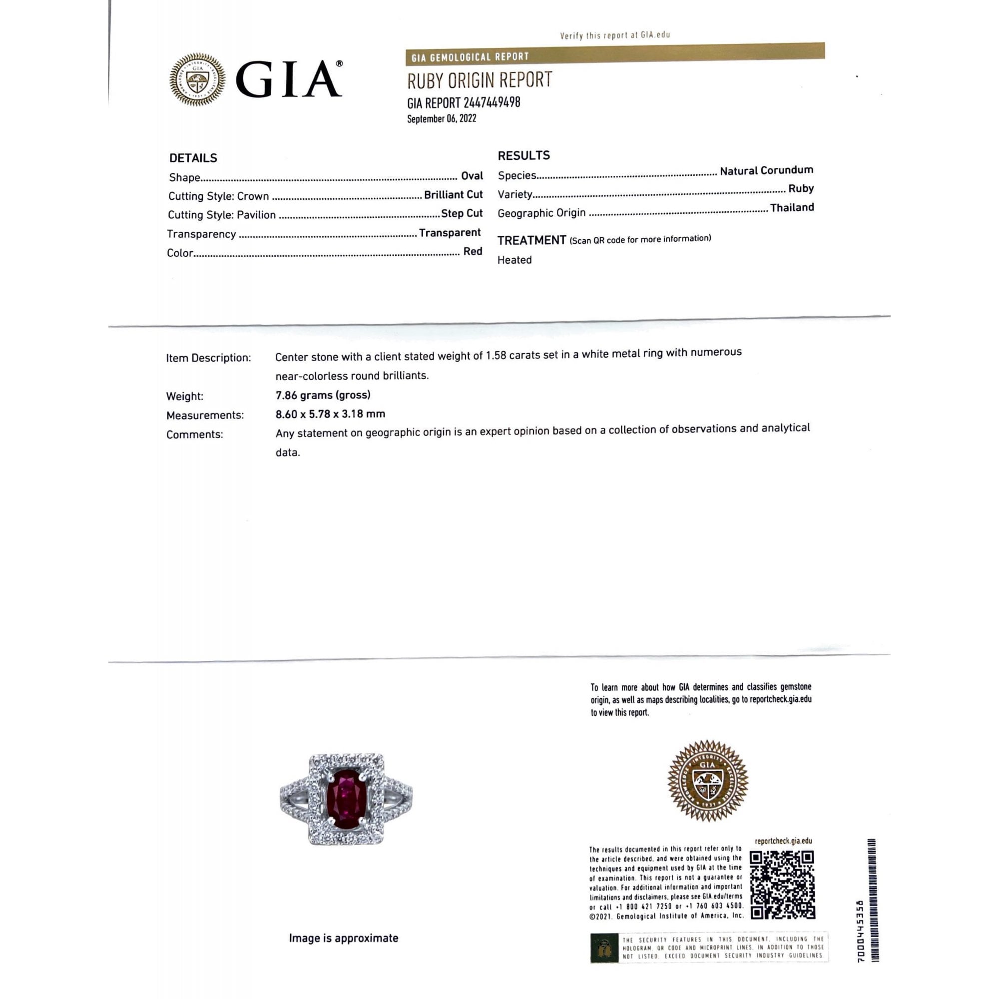 18ct White Gold Oval 1.58ct Ruby and 0.75Ct Diamond Ring with GIA Certificate