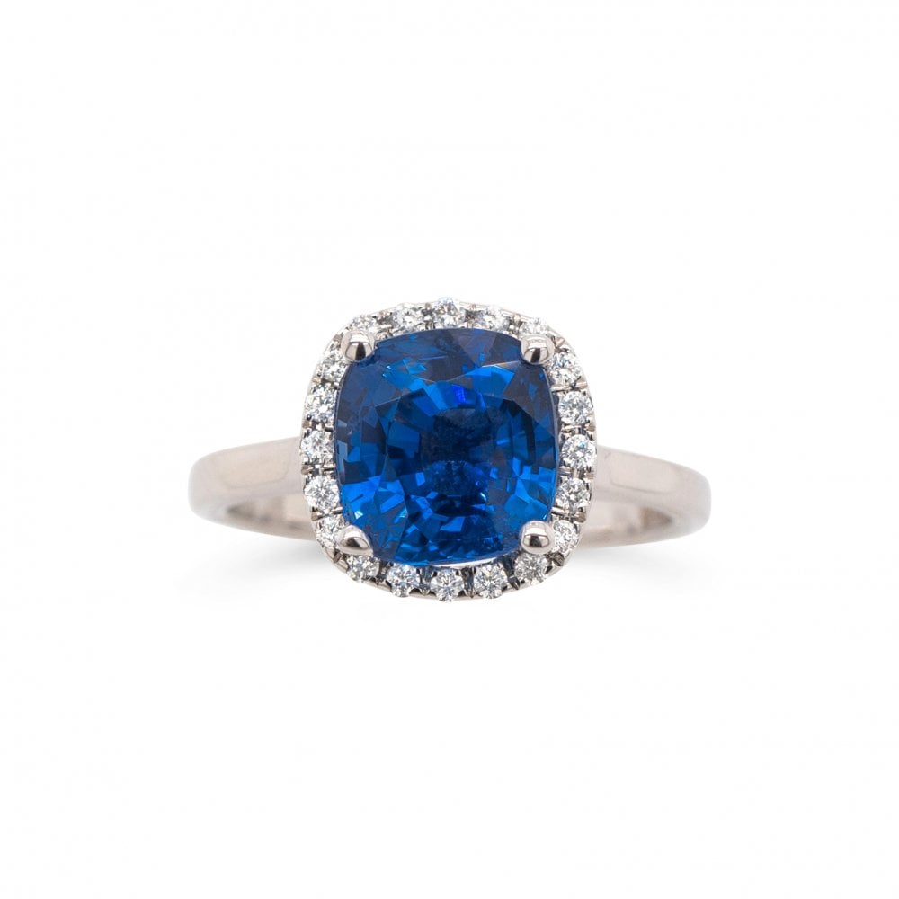 3.08ct Blue Cushion Ceylon Sapphire & Diamond 18ct White Gold Ring