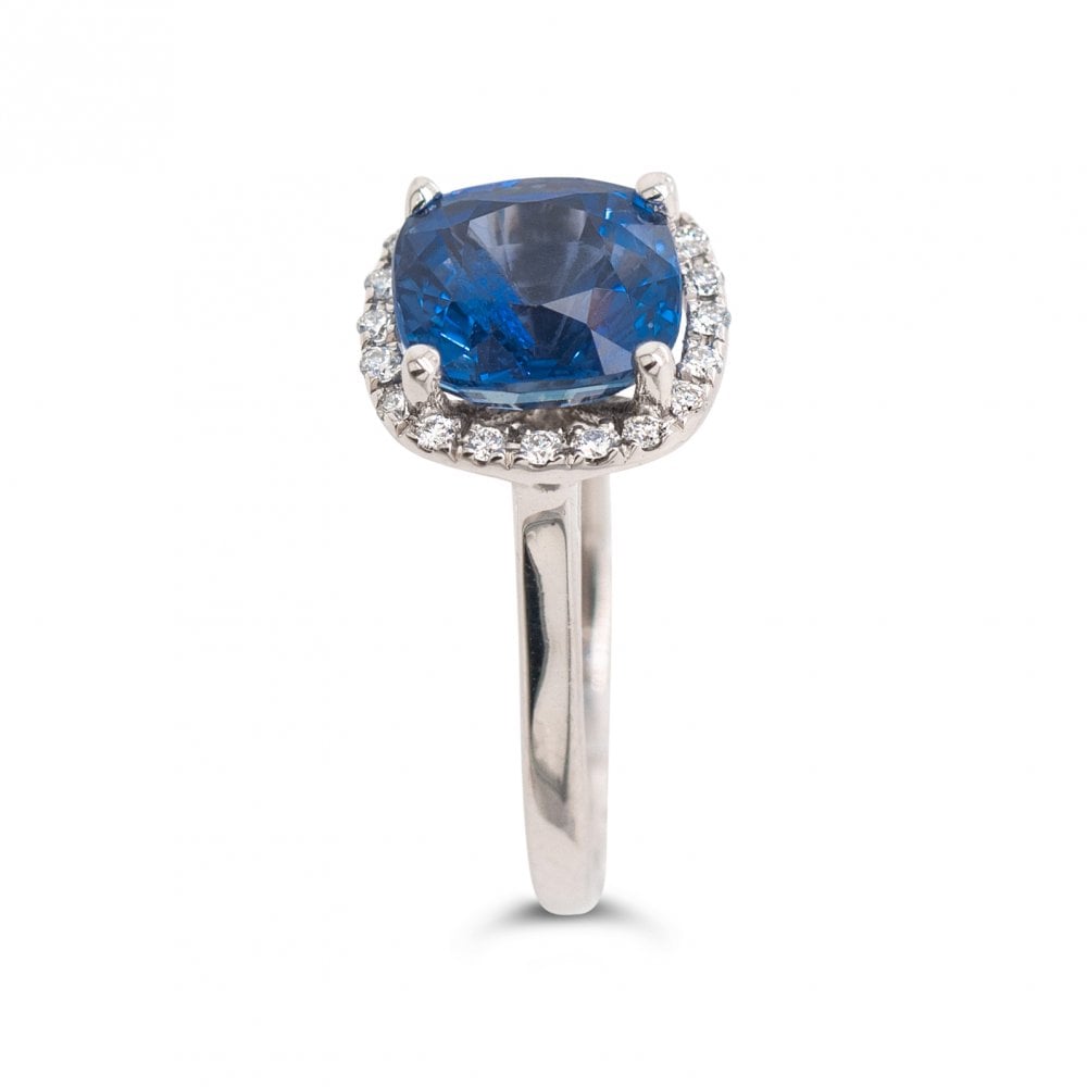 3.08ct Blue Cushion Ceylon Sapphire & Diamond 18ct White Gold Ring