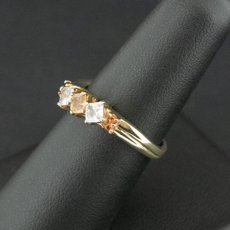 9ct Yellow Gold Orange and White Stone Offset Trilogy Ring Size N 3.0g