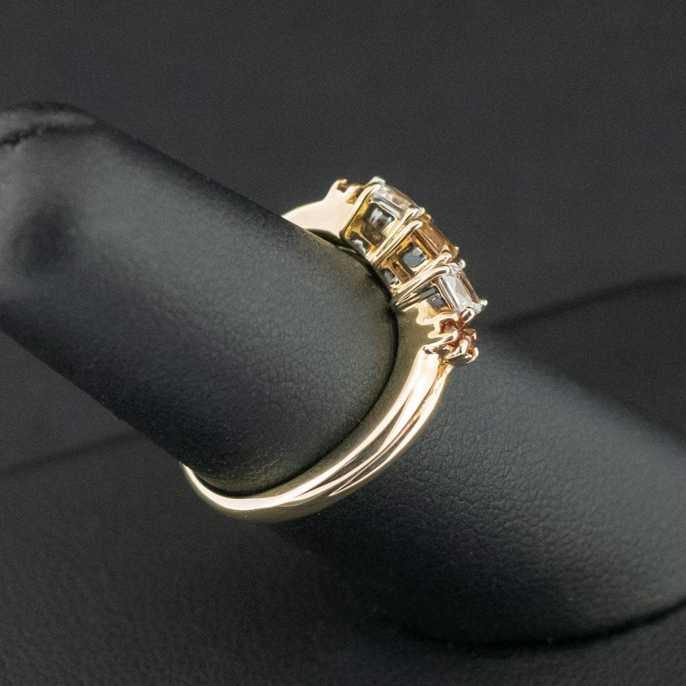 9ct Yellow Gold Orange and White Stone Offset Trilogy Ring Size N 3.0g