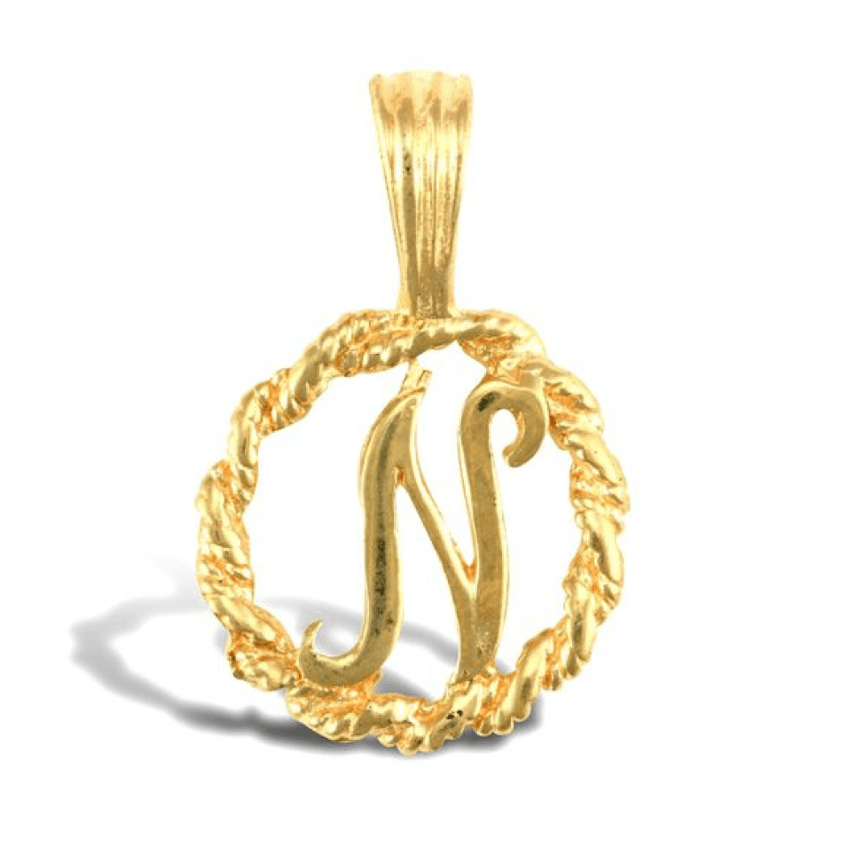 9ct Yellow Gold Rope Initial N Pendant