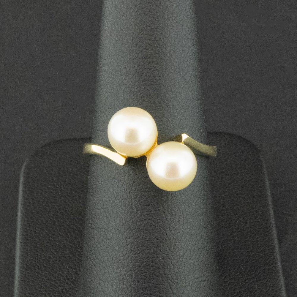 14ct Yellow Gold Double Pearl Twist Ring Size O 3.9g