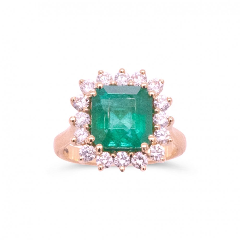 18ct Yellow Gold 3.26ct Emerald & 0.8ct Diamond Cluster Ring Size L 5.8g