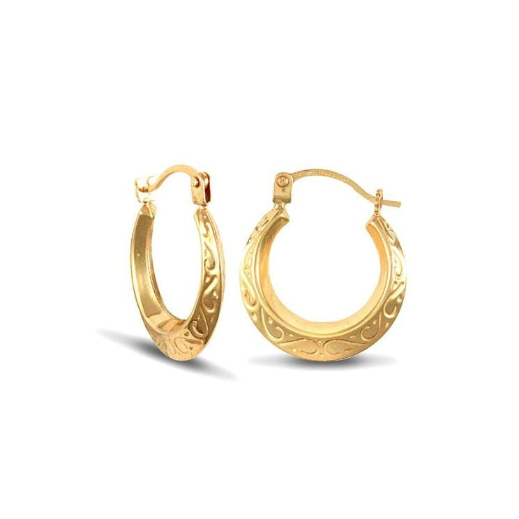 9ct Yellow Gold 15mm Engraved Hoop Earrings