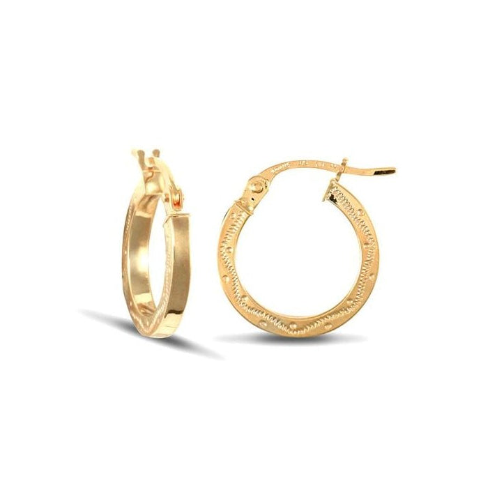 9ct Yellow Gold 13mm Squared Engraved Hoop Earrings