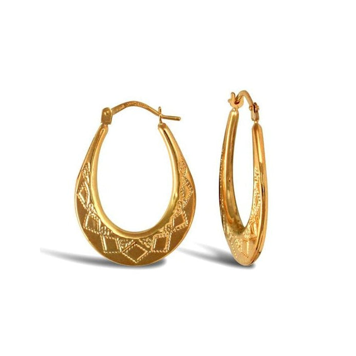 9ct Yellow Gold Oval Diamond Cut Hoop Earrings