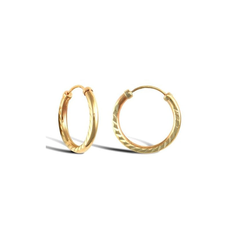 9ct Yellow Gold 15mm Diamond Cut Sleeper Hoop Earrings