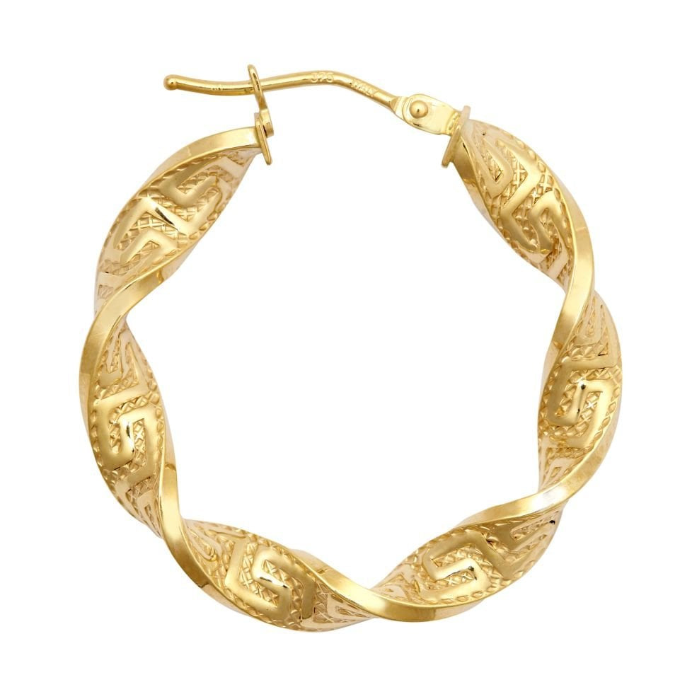 9ct Yellow Gold 27mm Greek Key Hoop Earrings