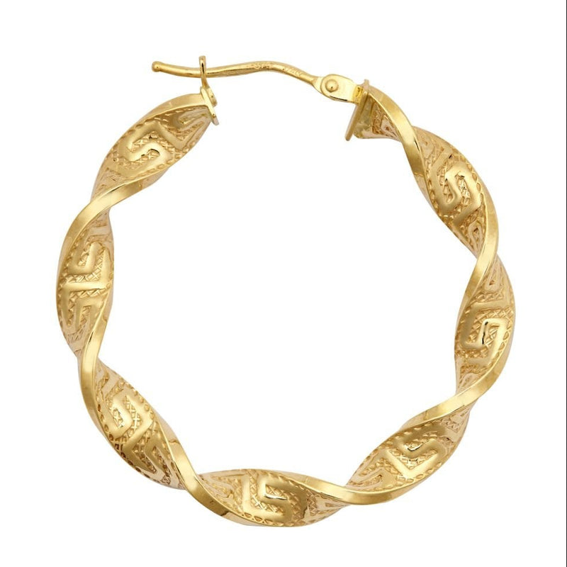 9ct Yellow Gold 32mm Greek Key Hoop Earrings