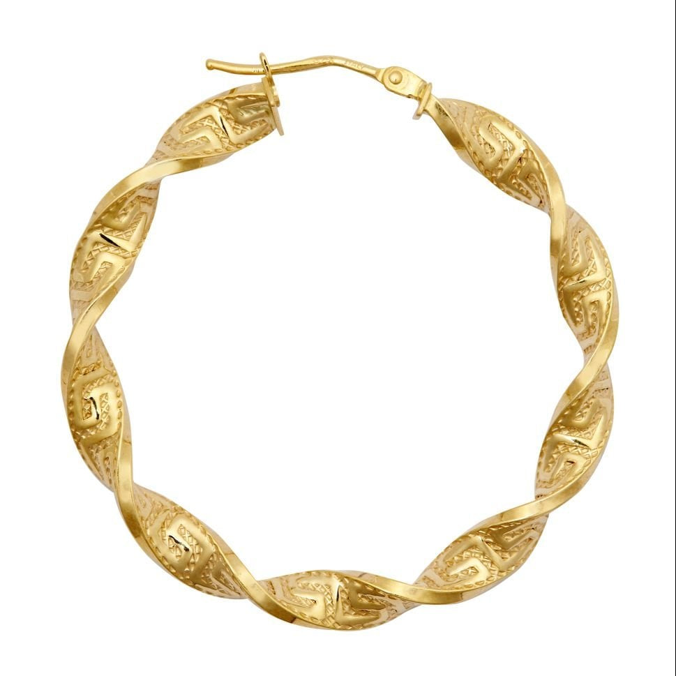 9ct Yellow Gold 37mm Greek Key Hoop Earrings