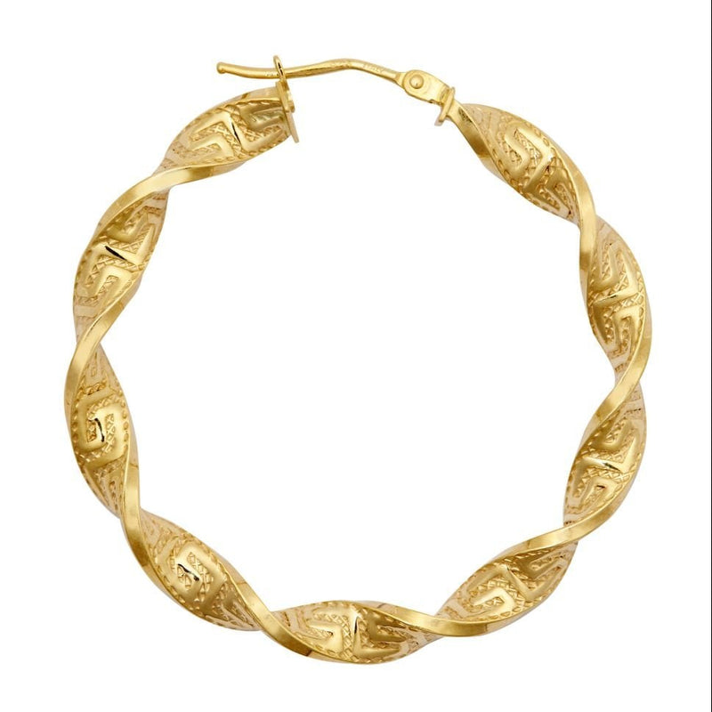 9ct Yellow Gold 37mm Greek Key Hoop Earrings