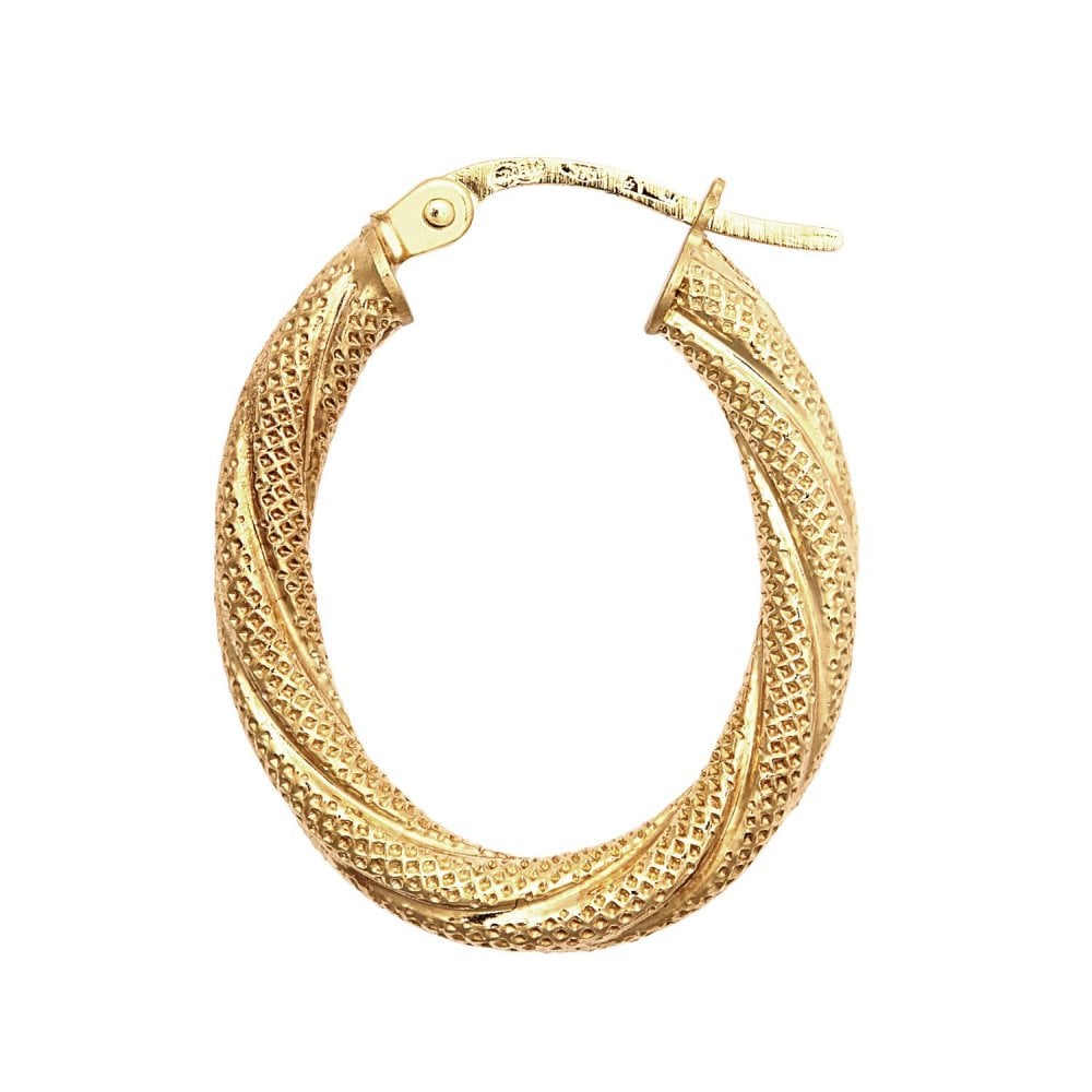 9ct Yellow Gold 19mm Frosted Oval Hoop Earrings