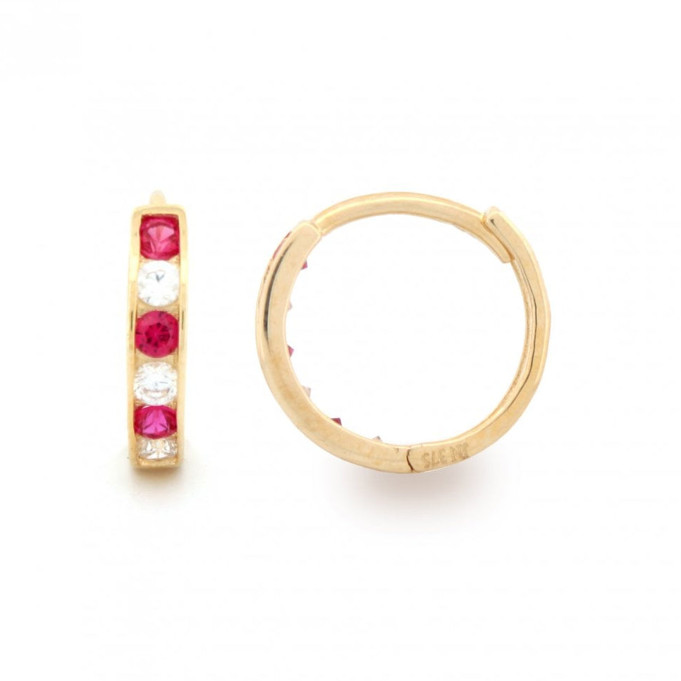 9ct Yellow Gold 11mm Ruby & CZ Set Huggie Hoop Earrings