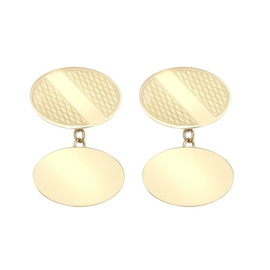9ct Yellow Gold Patterned Oval Cufflinks With Chain Back