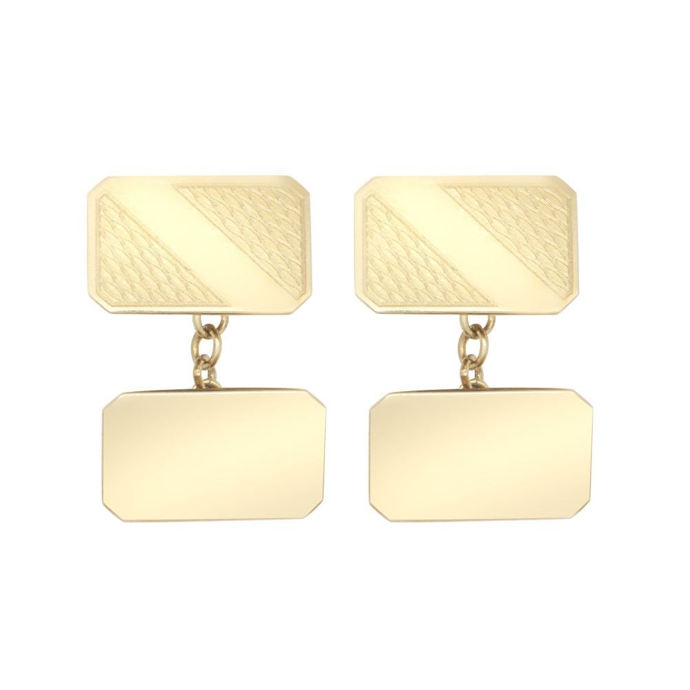 9ct Yellow Gold Patterned Rectangle Cufflinks With Chain Back