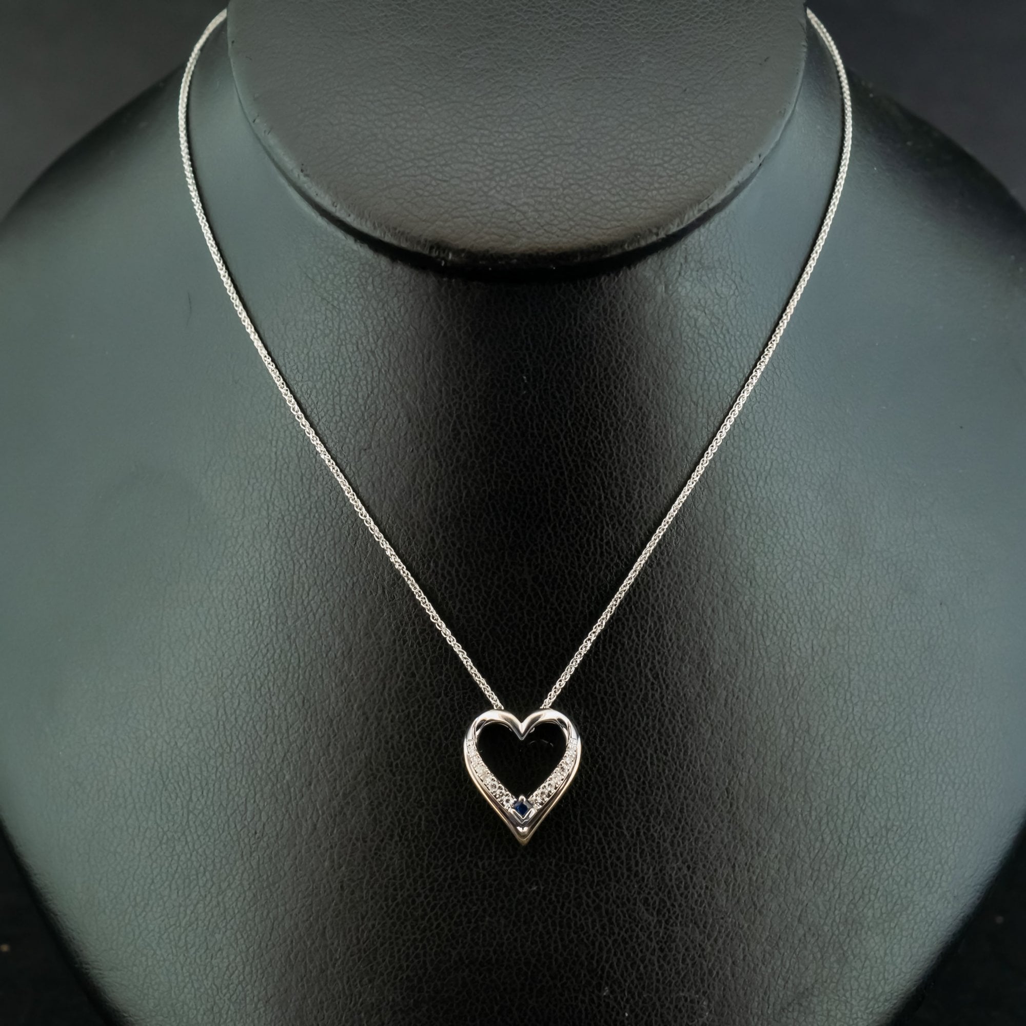 14ct Two Tone Diamond and Sapphire 19 Inch Heart Pendant Necklace 3.6g