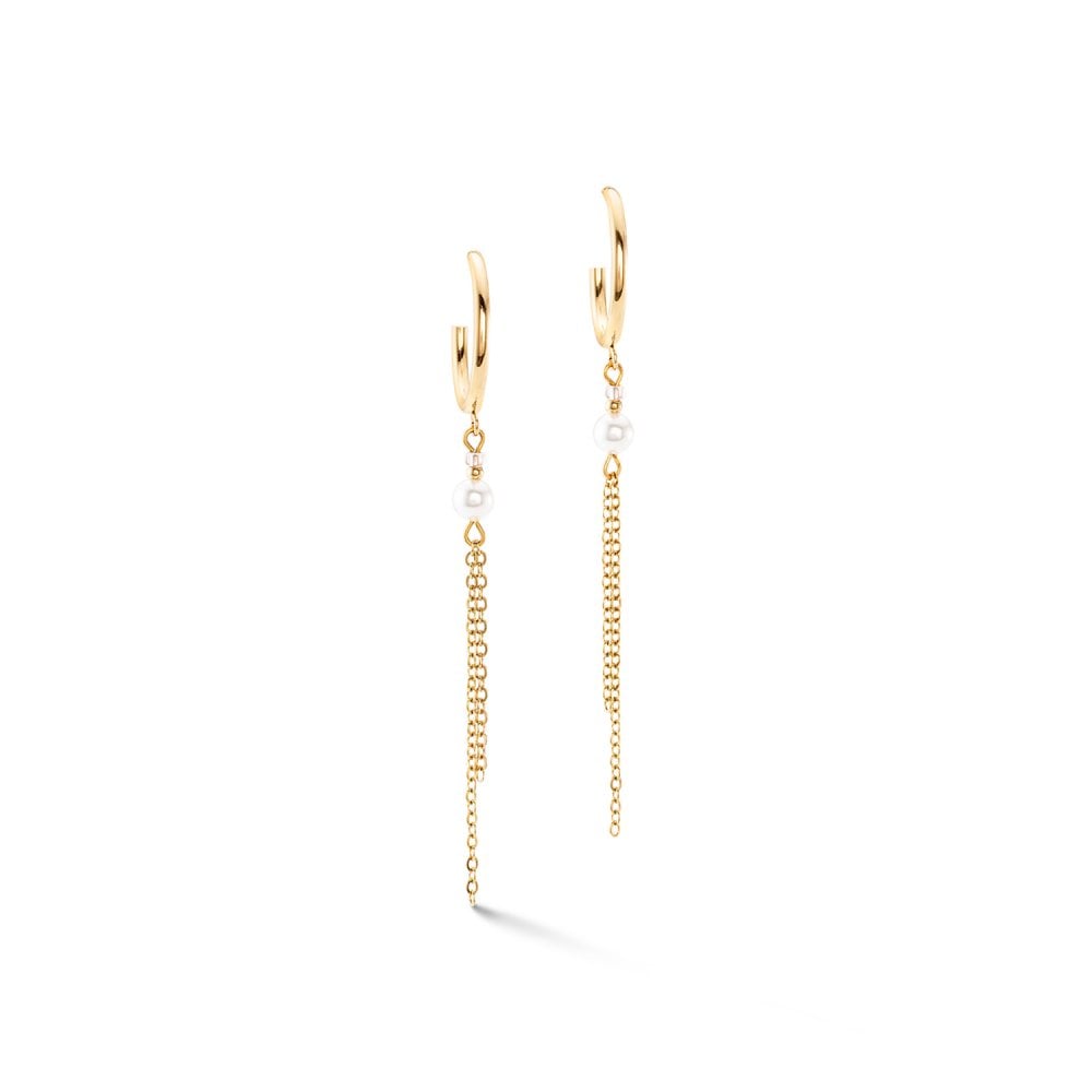 Princess Pearls Chain Hoop Earrings Gold White