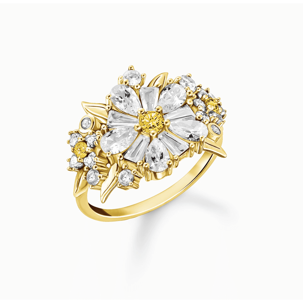 Gold-Plated Flower Cocktail Ring Lovely Daisy with Stones