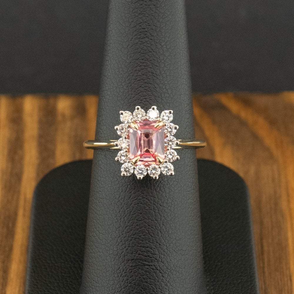 18ct Yellow Gold 1.15ct Padparadscha Sapphire and Diamond Cluster Ring