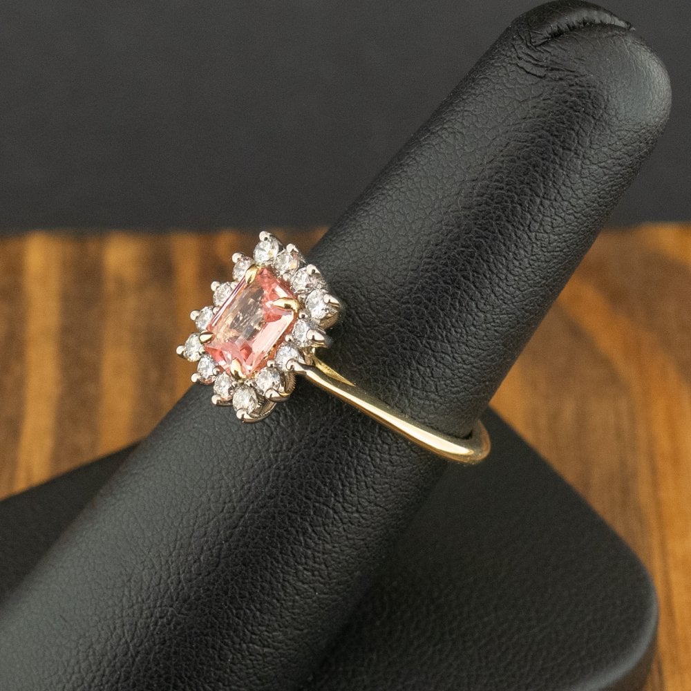 18ct Yellow Gold 1.15ct Padparadscha Sapphire and Diamond Cluster Ring