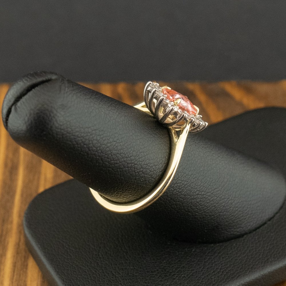 18ct Yellow Gold 1.15ct Padparadscha Sapphire and Diamond Cluster Ring