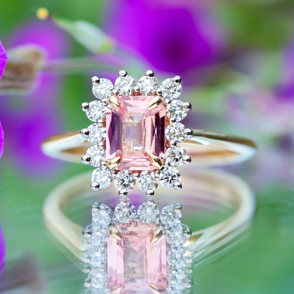 18ct Yellow Gold 1.15ct Padparadscha Sapphire and Diamond Cluster Ring