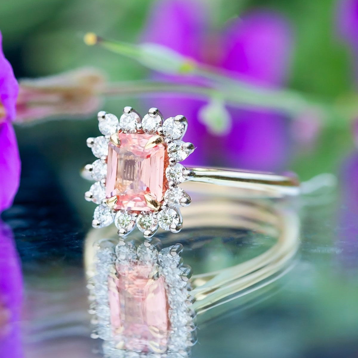 18ct Yellow Gold 1.15ct Padparadscha Sapphire and Diamond Cluster Ring