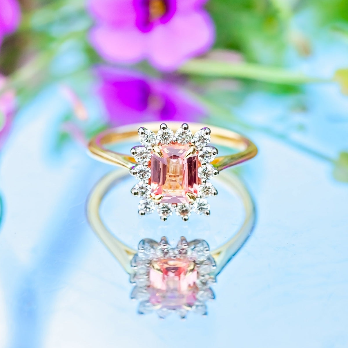 18ct Yellow Gold 1.15ct Padparadscha Sapphire and Diamond Cluster Ring