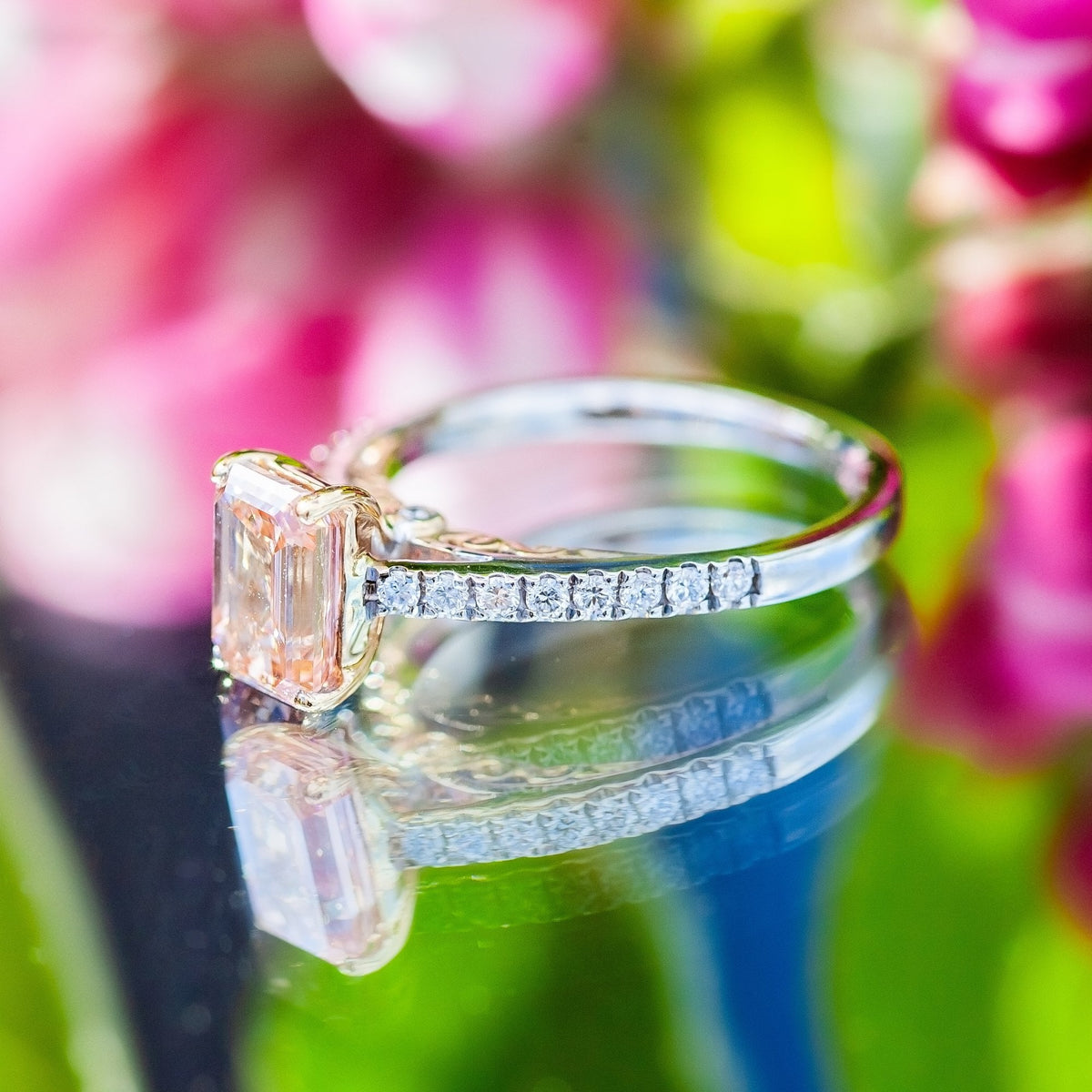 18ct Two Tone Gold 2ct Emerald Cut Pink Lab Diamond Solitaire Ring