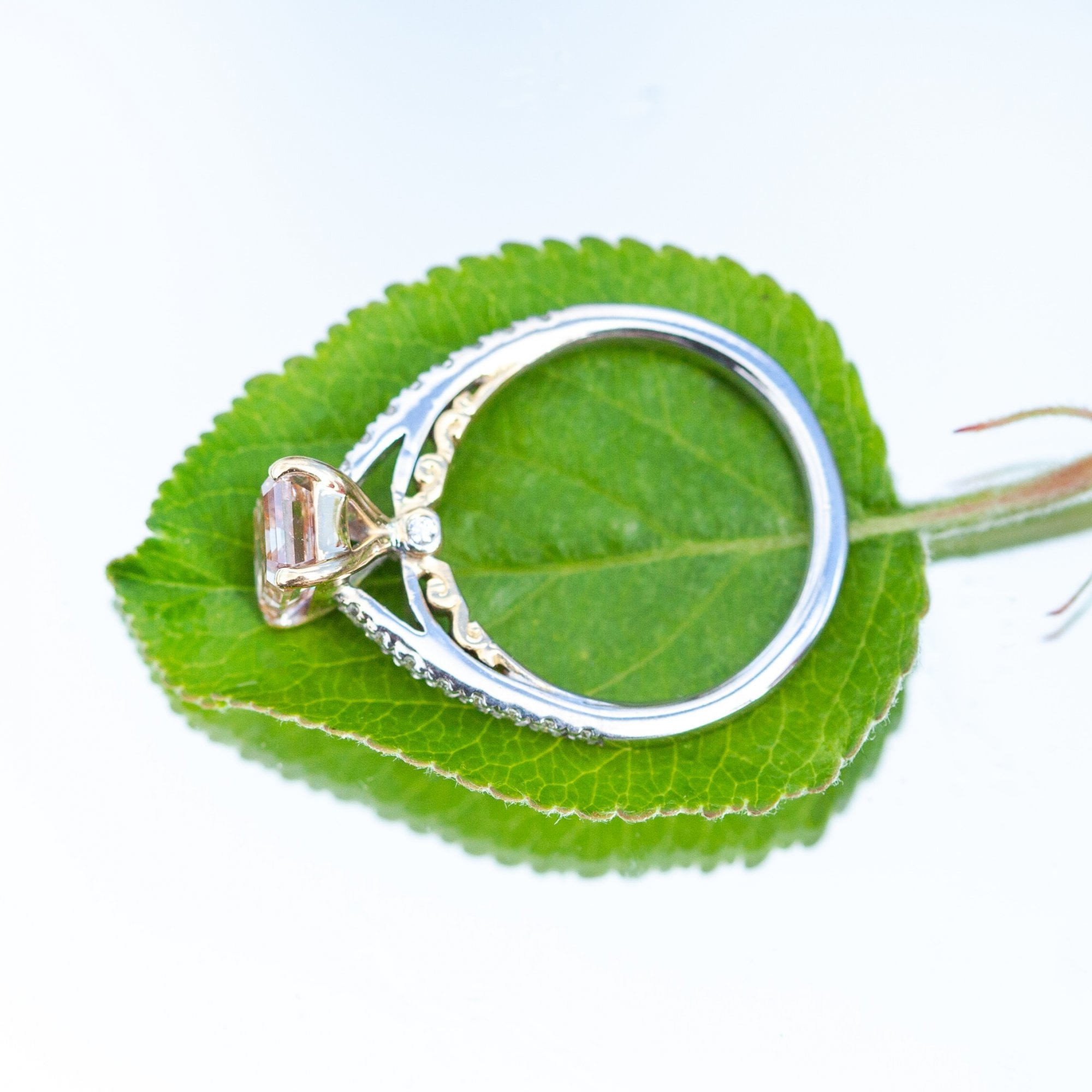 18ct Two Tone Gold 2ct Emerald Cut Pink Lab Diamond Solitaire Ring