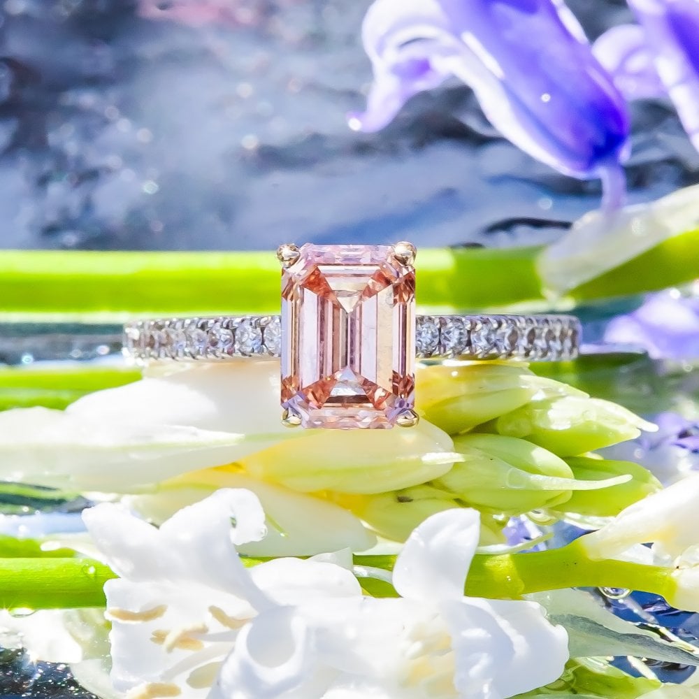 18ct Two Tone Gold 2ct Emerald Cut Pink Lab Diamond Solitaire Ring