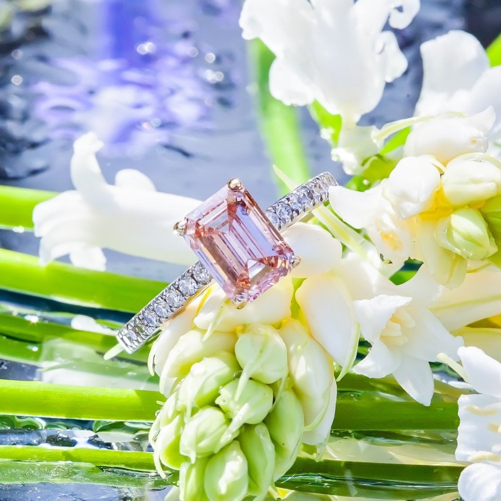 18ct Two Tone Gold 2ct Emerald Cut Pink Lab Diamond Solitaire Ring