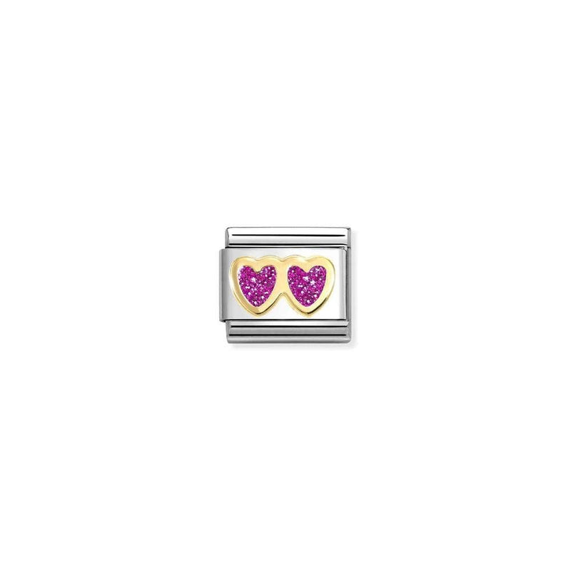 Composable Classic GLITTER SYMBOLS in steel, enamel and bonded yellow gold 13 FUCHSIA Double Heart