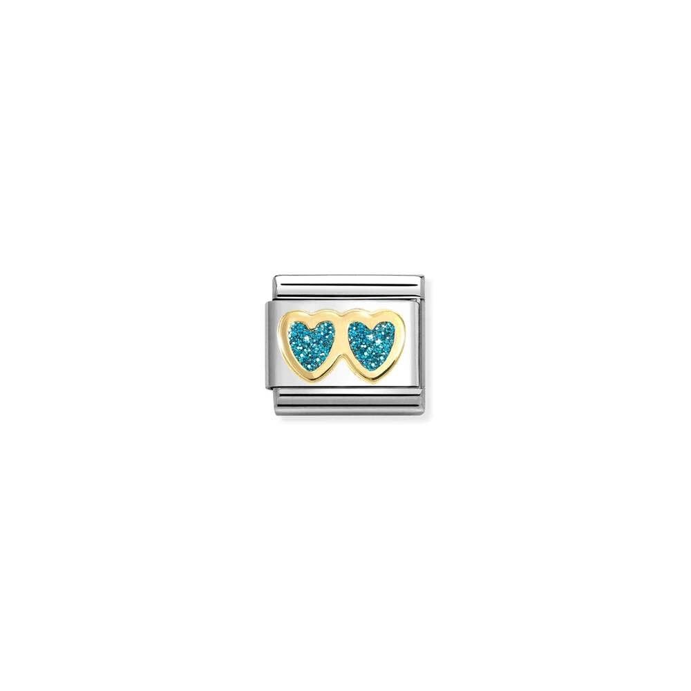Composable Classic GLITTER SYMBOLS in steel, enamel and bonded yellow gold 12 Double Heart LIGHT BLUE