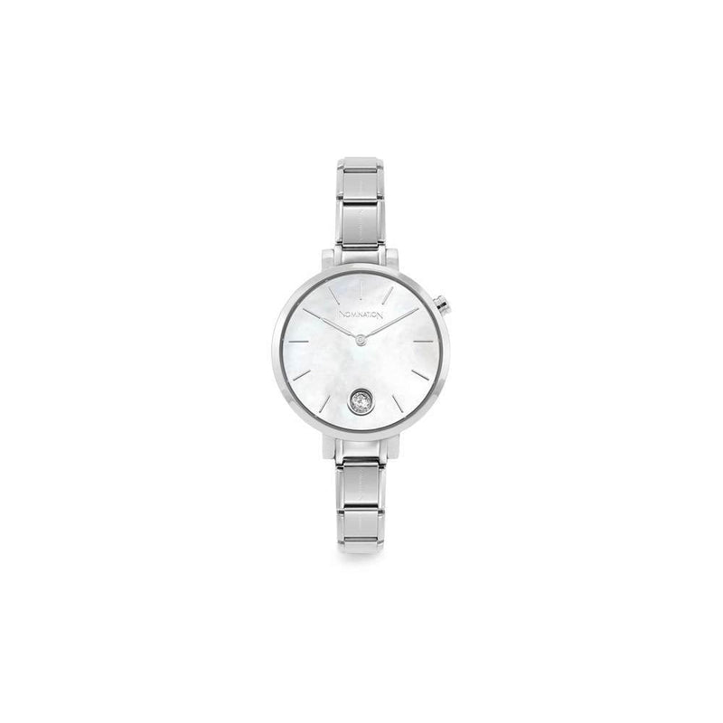 PARIS watch with steel band ROUND with zircon 008 WHITE motherofpearl
