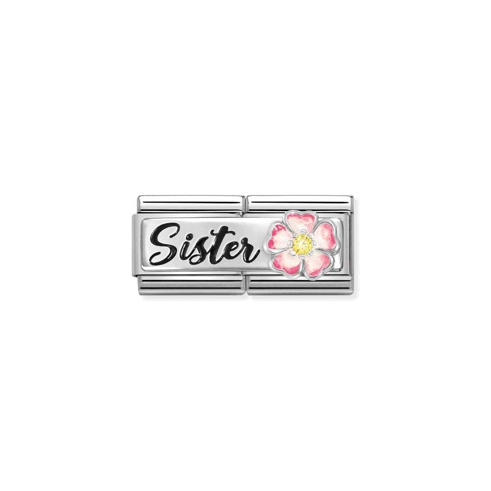 Composable DOUBLE Classic DETAILED steel, enamel, cz and 925 sterling silver 15 Sister with flower
