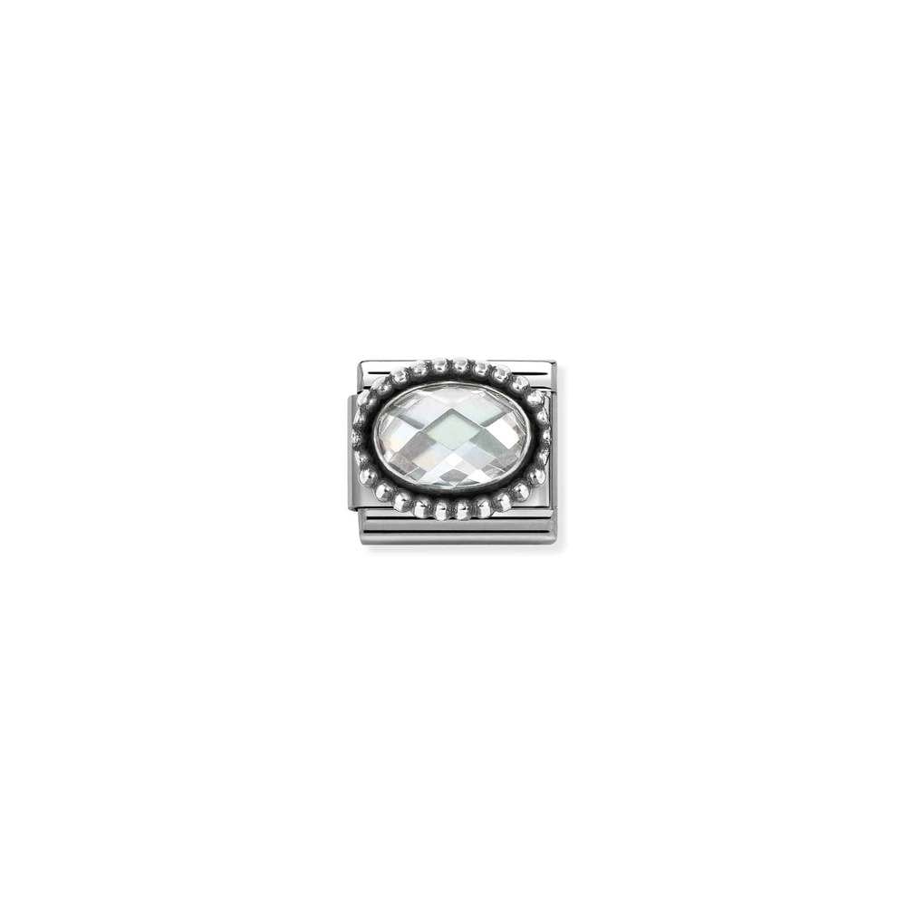 Composable FACETED CZ, steel with OXIDIZED OVAL BEADED RICH SETTING 925 silver 010 White
