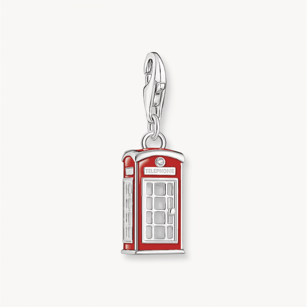 Silver Charm Pendant LONDON Telephone Box with Red Enamel