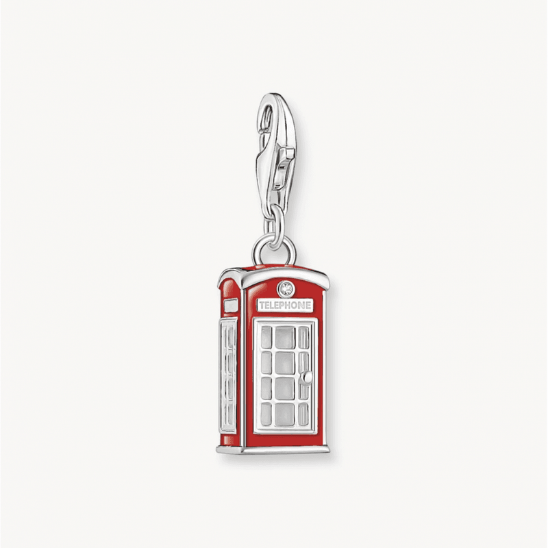 Silver Charm Pendant LONDON Telephone Box with Red Enamel