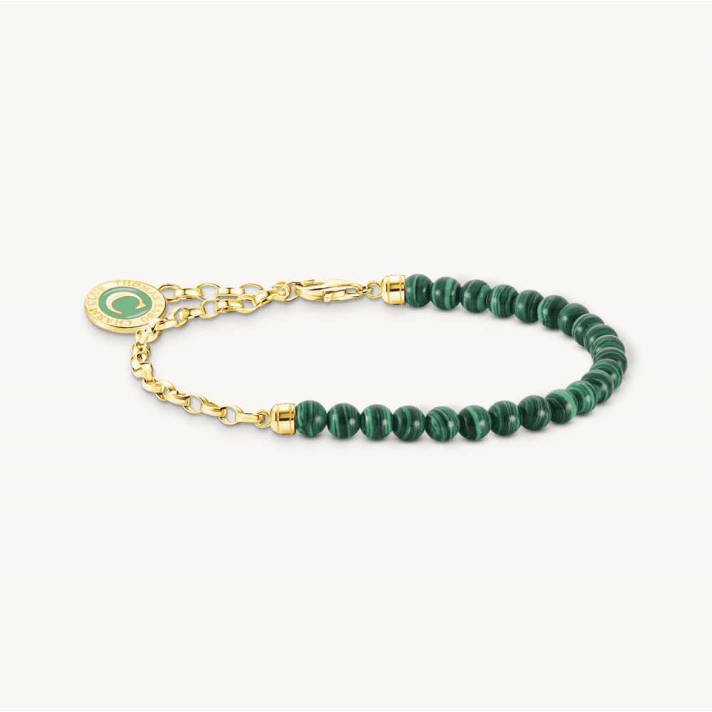 Charm Bracelet with Green Beads Yellow-Gold Plated