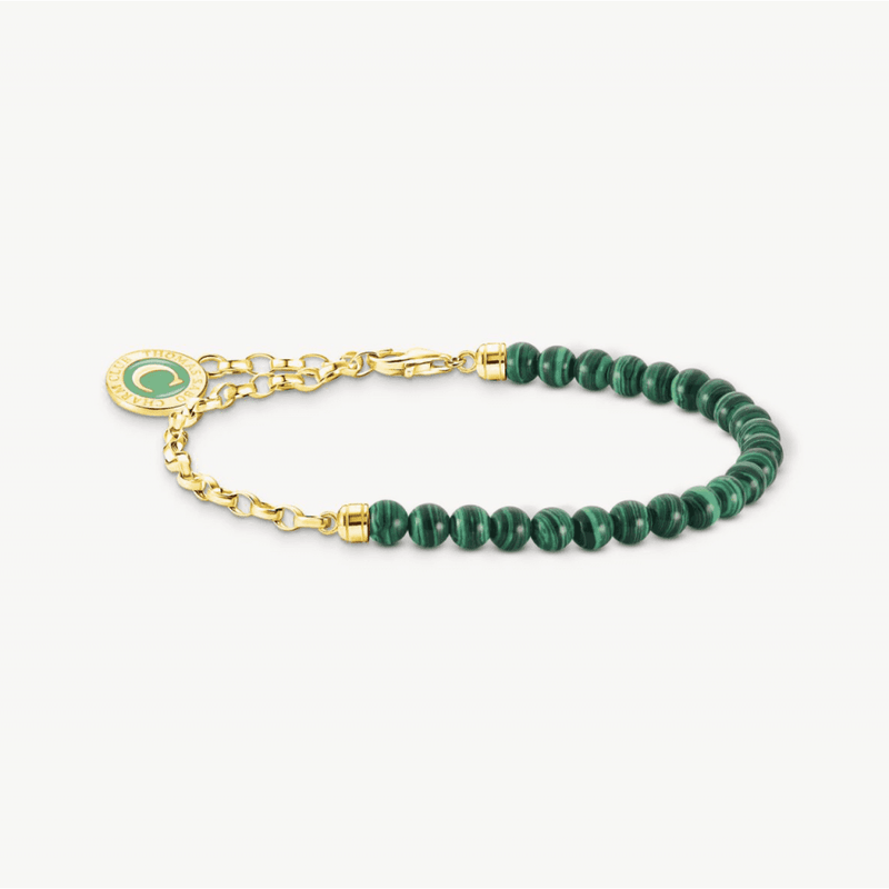 Charm Bracelet with Green Beads Yellow-Gold Plated